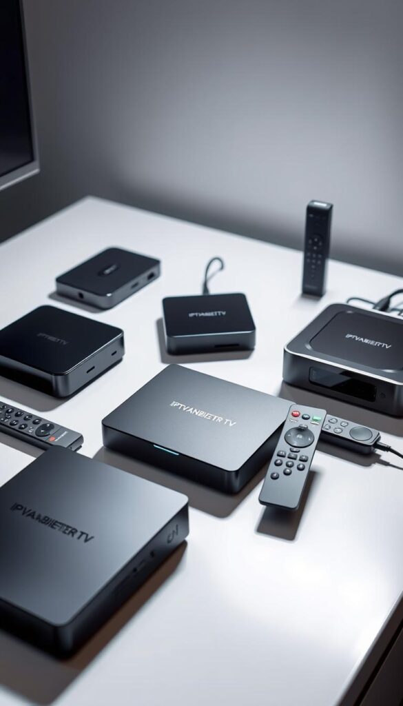 A modern, well-designed array of high-quality streaming devices, including the branded IPTVANBIETERTV box, arranged on a sleek, minimalist white tabletop. The devices feature clean lines, metallic accents, and subtle LED indicator lights, conveying a sense of technical sophistication. Bright, directional lighting illuminates the scene, casting dramatic shadows and highlighting the textures and materials. The composition is balanced, with the devices positioned to create a harmonious, visually appealing arrangement. The overall mood is one of technological elegance and attention to detail, perfectly suited to illustrate the section on "Supported Devices and Compatibility" in the article.