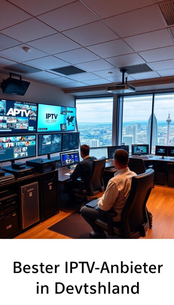 A modern, well-equipped IPTV studio in Germany, filled with advanced broadcasting equipment and servers. In the foreground, a professional IPTVANBIETERTV operator diligently monitors multiple screens displaying a wide variety of TV channels and content. The middle ground features rows of sleek, high-performance computers and networking gear, conveying the technical sophistication of the setup. The background showcases a panoramic view of the bustling city skyline, highlighting the wide reach and comprehensive service offerings of this IPTV provider. The scene is bathed in a warm, inviting lighting that creates a sense of efficiency and reliability, reflecting the "Bester IPTV-Anbieter in Deutschland" tagline.