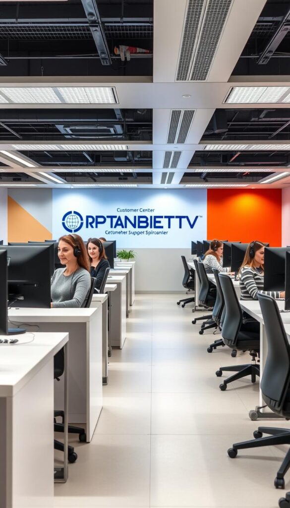 A modern, well-equipped customer support center for the German IPTV provider IPTVANBIETERTV. The interior is bright and spacious, with sleek desks and ergonomic chairs arranged in an open layout. Multiple agents are visible, each engaged in friendly and attentive conversations with customers over headsets. The background showcases the company's branding and color scheme, conveying a sense of professionalism and reliability. Soft, diffused lighting illuminates the scene, creating a welcoming atmosphere. The overall impression is of a cutting-edge customer service operation, dedicated to providing exceptional support to IPTVANBIETERTV's clients.