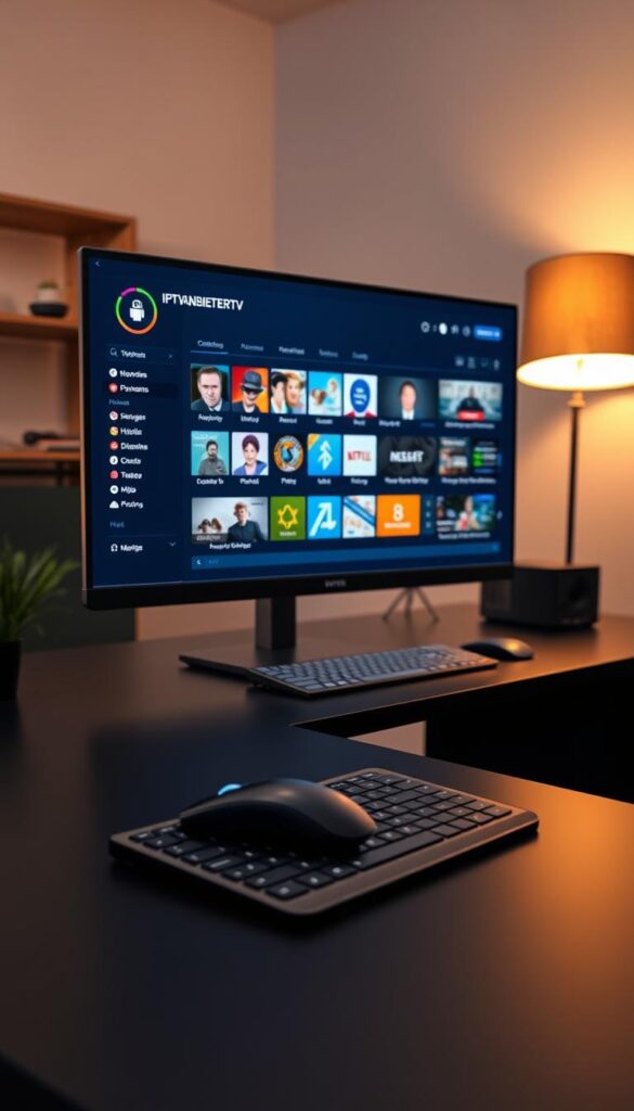 A modern, well-equipped home office with a sleek, black desk and a large, high-resolution computer monitor displaying the IPTVANBIETERTV user interface. The monitor shows various IPTV channels and menu options, creating a clear and intuitive setup. Warm, soft lighting from a minimalist desk lamp illuminates the scene, creating a cozy, inviting atmosphere. In the foreground, a wireless mouse and keyboard sit neatly on the desk, ready for easy navigation. The background features subtle, blurred shelves or cabinets, suggesting a professional, organized workspace. The overall composition conveys a sense of simplicity, efficiency, and seamless integration of the IPTVANBIETERTV service into the user's daily routine.