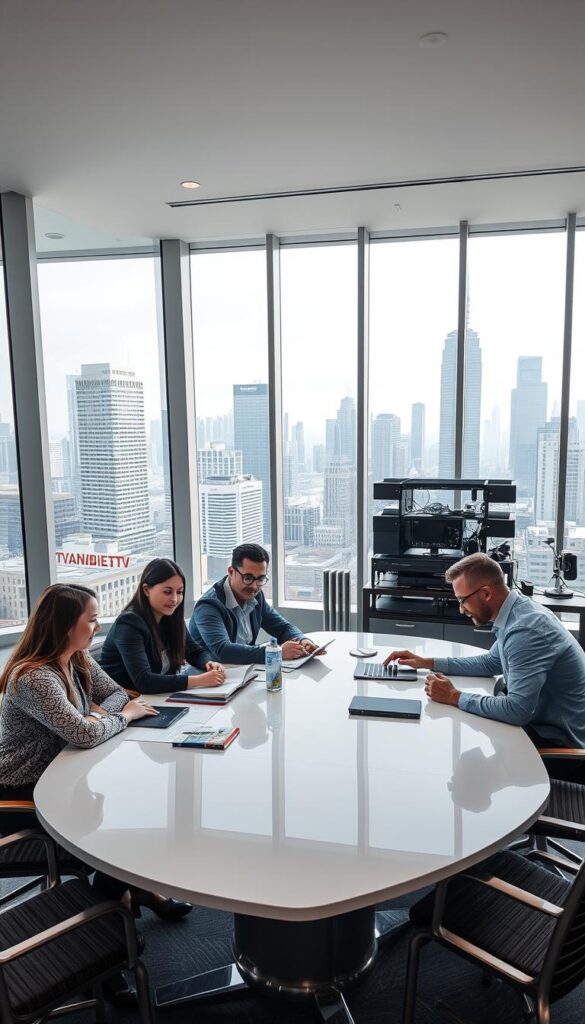A modern, well-lit commercial interior with large windows overlooking a bustling city skyline. In the foreground, a group of satisfied customers sitting around a sleek conference table, engaged in a lively discussion. They appear to be reviewing documents and digital devices, evaluating the features and performance of the IPTVANBIETERTV service. The middle ground showcases the company's branding and marketing materials, prominently displaying the IPTVANBIETERTV logo. The background features an array of cutting-edge technology and equipment, conveying a sense of innovation and industry expertise. The overall atmosphere is one of professionalism, trust, and customer satisfaction.