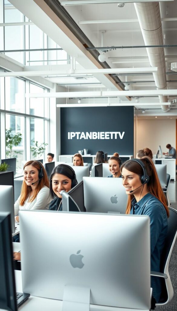 A modern, well-lit customer support office for the IPTVANBIETERTV brand. The scene features a spacious, open-plan layout with sleek, minimalist furniture and large windows that allow natural light to flood the space. In the foreground, a team of friendly, professional-looking customer service representatives are seated at their desks, engaged in friendly conversations with clients over headsets. The middle ground showcases the company's branding, with the IPTVANBIETERTV logo prominently displayed on the wall behind the support team. The background features additional office amenities, such as a coffee station and collaboration areas, creating an atmosphere of efficiency and customer-focused care.