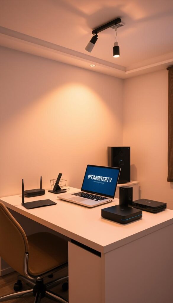 A modern, well-lit home office with a desk, chair, and computer setup. On the desk, a laptop prominently displays the "IPTVANBIETERTV" logo. Various connectivity devices like a router, modem, and streaming box are neatly arranged, suggesting the necessary equipment for a reliable IPTV experience. Warm lighting from overhead fixtures casts a cozy, productive atmosphere. The room's neutral tones and minimalist decor create a focused, professional environment suitable for enjoying the upcoming FIFA World Cup 2026 coverage.