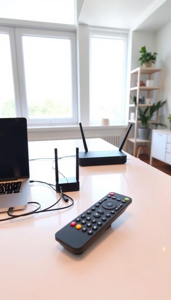 A modern, well-lit home office with a laptop, a wireless router, and a smart TV on a sleek white desk. The room has large windows, allowing natural light to flood in, creating a bright and airy atmosphere. In the foreground, an IPTVANBIETERTV remote control sits prominently, highlighting the easy integration of the IPTV service. The middle ground features various cables and connectors, suggesting the straightforward setup process. In the background, a minimalist bookshelf and a potted plant add a touch of sophistication, conveying the simplicity and elegance of the IPTV installation experience.