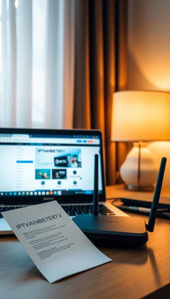 A modern, well-lit home office with a laptop, wireless router, and IPTVANBIETERTV setup guide on the desk. The setup guide features clean, minimalist design with clear instructions and icons. The laptop screen displays the IPTVANBIETERTV website, showcasing the service's user-friendly interface. Warm, soft lighting illuminates the scene, creating a calm and inviting atmosphere. The overall composition emphasizes the simplicity and accessibility of the IPTV installation process.