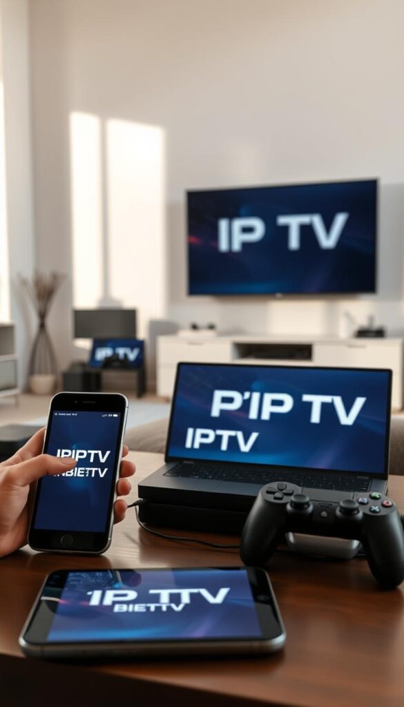 A modern, well-lit interior scene showcasing various devices displaying IPTVANBIETERTV on their screens. In the foreground, a smartphone, tablet, and smart TV are arranged with thoughtful composition. The middle ground features a laptop and gaming console, all connected and streaming IPTV content. The background depicts a clean, minimalist home environment with subtle hints of technology like smart home devices. The lighting is natural and balanced, accentuating the devices' sleek designs. The overall mood is one of seamless connectivity and the convenience of IPTV across multiple platforms.
