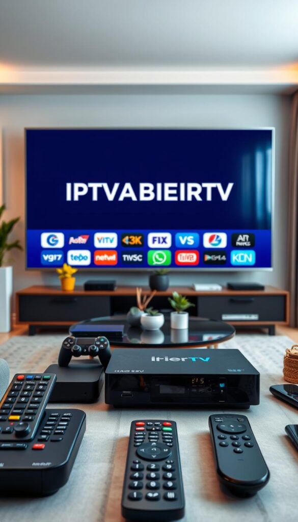 A modern, well-lit living room setting with a large flat-screen smart TV in the center, showcasing the IPTVANBIETERTV brand logo. In the foreground, various remote controls and streaming devices such as set-top boxes, game consoles, and mobile devices are neatly arranged, demonstrating the wide compatibility of the IPTV service. The middle ground features a cozy, minimalist decor with potted plants and a stylish coffee table, creating a warm and inviting atmosphere. The background is softly blurred, emphasizing the focus on the TV and connected devices. The overall scene conveys the seamless integration of IPTV technology across multiple platforms, catering to the diverse needs of modern home entertainment.
