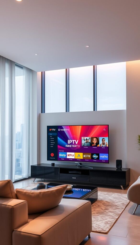 A modern, well-lit living room with a large flatscreen TV displaying a vibrant IPTV interface. Sleek, minimalist furniture and a large window overlooking a cityscape in the background. The TV screen shows the IPTVANBIETERTV brand logo and a variety of streaming content options. Soft, diffused lighting creates a warm, inviting atmosphere. The room exudes a sense of technological sophistication and entertainment.