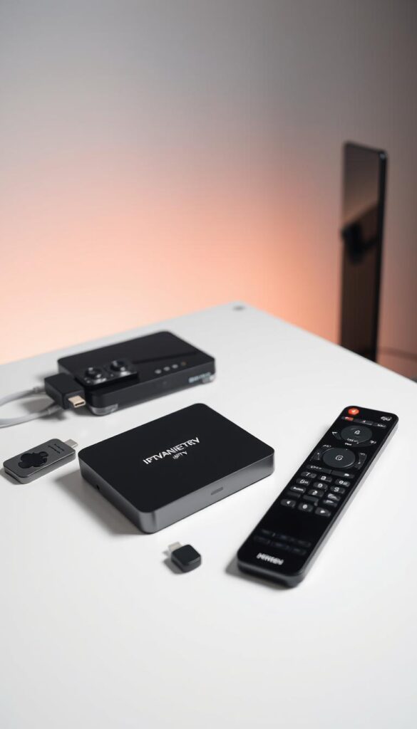 A modern, well-lit setup showcasing a variety of IPTV devices, including a sleek set-top box labeled "IPTVANBIETERTV", remote controls, and streaming dongles. The devices are neatly arranged on a minimalist, white table, highlighting their features and capabilities. The background features a subtle gradient, creating a clean and professional atmosphere. The lighting is soft and even, emphasizing the details and textures of the IPTV equipment. The composition is balanced and visually appealing, inviting the viewer to explore the various IPTV options available.