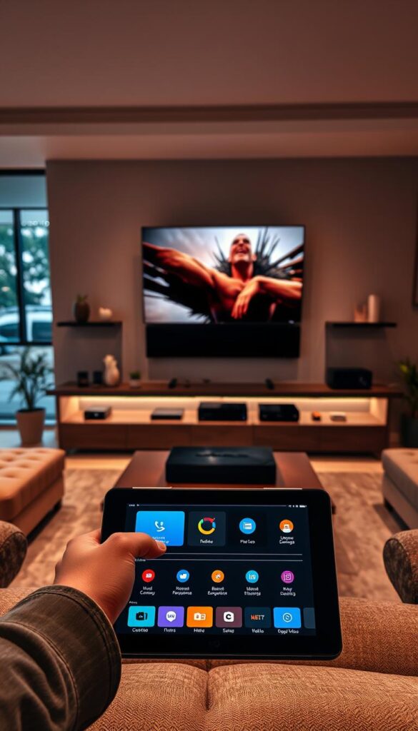 A modern, well-organized home entertainment setup featuring the IPTVANBIETERTV service. The scene depicts a living room with a large, high-definition TV mounted on the wall, surrounded by sleek media devices and remote controls. The room is bathed in warm, indirect lighting, creating a cozy, inviting atmosphere. In the foreground, a person's hands are shown navigating the intuitive IPTVANBIETERTV interface on a touchscreen device, seamlessly accessing a wide range of live and on-demand content. The middle ground showcases the overall setup, with minimalist shelving and decor complementing the high-tech components. The background suggests a modern, open-concept home design with large windows overlooking a pleasant outdoor view. The image conveys the ease and convenience of setting up and using the IPTVANBIETERTV service in a comfortable, premium home environment.