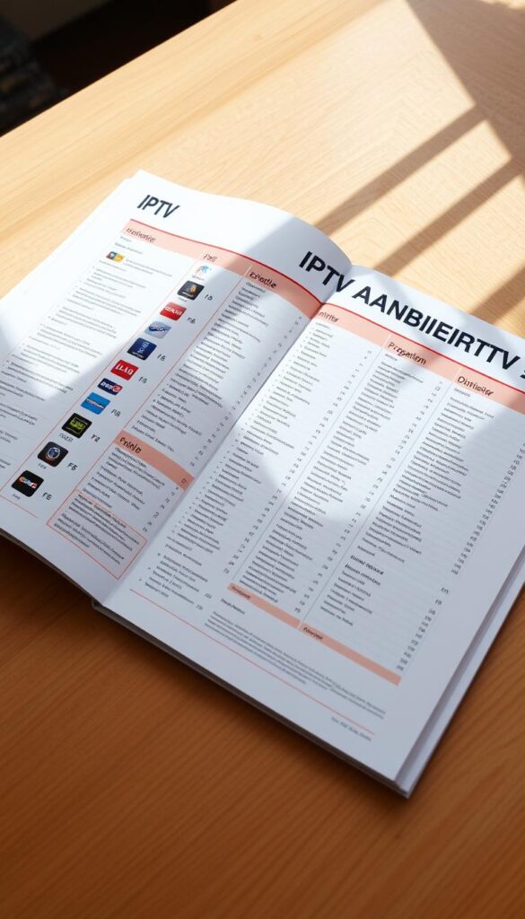 A neatly arranged IPTV programming guide titled "IPTVANBIETERTV" lies open on a wooden table, illuminated by soft, natural lighting. The pages display detailed television schedules, channel logos, and program descriptions, all presented in a clean, modern layout that ensures easy navigation. The guide's sleek design and high-quality paper convey a sense of professionalism and authority, making it an invaluable resource for IPTV subscribers seeking a comprehensive, at-a-glance overview of their viewing options.