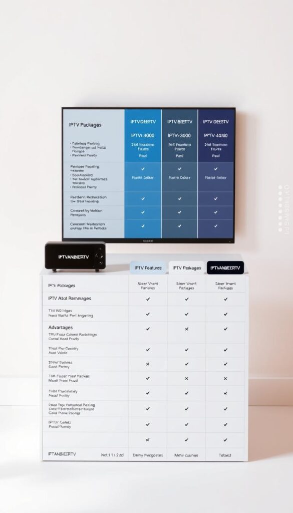 A neatly arranged table displaying various IPTV package options, showcasing their features, pricing, and comparative advantages. The table is set against a clean, minimalist background, with a soft, warm lighting that creates a professional, informative atmosphere. The packages are labeled with the brand name "IPTVANBIETERTV" in a prominent yet elegant manner. The overall composition is balanced and visually appealing, providing a clear and concise overview of the IPTV offerings to the viewer.