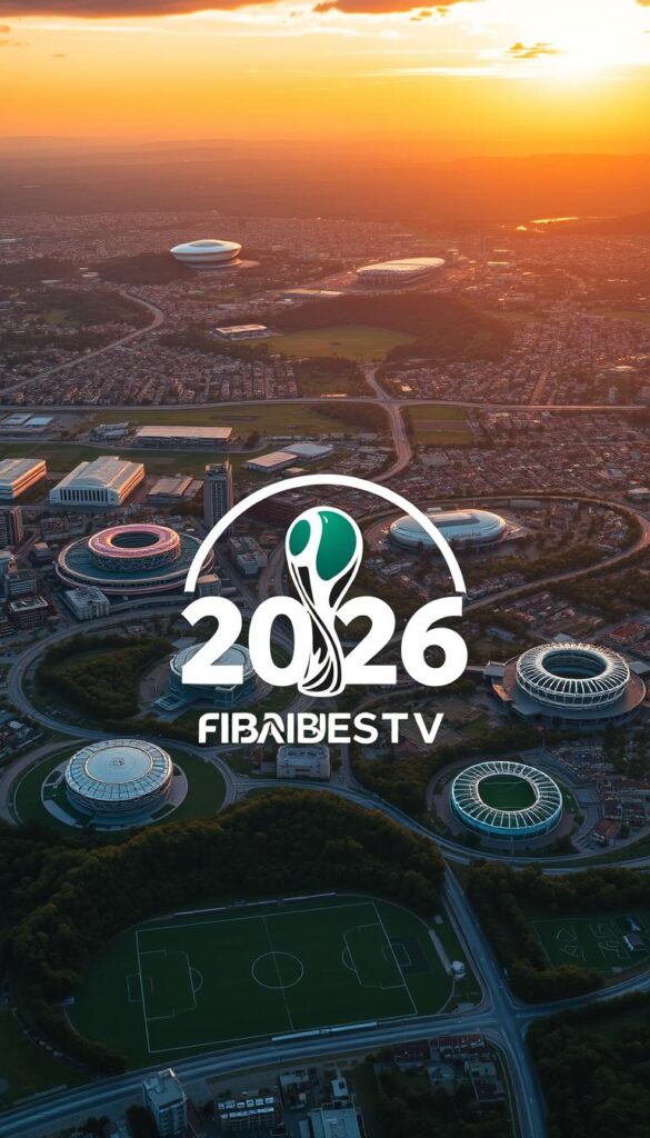 A panoramic aerial view of the host cities for the 2026 FIFA World Cup, captured under a vibrant golden hour sky. The stadiums, with their distinct architectural styles, are nestled within lush urban landscapes, showcasing the global diversity of the event. In the foreground, the IPTVANBIETERTV logo is subtly integrated, adding a sense of authority and expertise. The overall composition conveys the grand scale and international scope of this prestigious football tournament.
