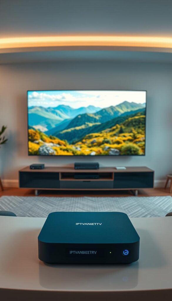 A panoramic view of a modern media room showcasing the latest in streaming technology. In the foreground, a sleek IPTVANBIETERTV set-top box sits atop a minimalist entertainment console, its crisp display radiating a vibrant, high-definition image. The middle ground features a large, immersive flat-screen television, its screen filled with a breathtaking nature scene, conveying the clarity and vividness of the premium streaming experience. The background is bathed in soft, diffused lighting, creating a cozy and inviting atmosphere, as if welcoming the viewer to sink into the comfort of their own living space and enjoy the ultimate streaming quality.