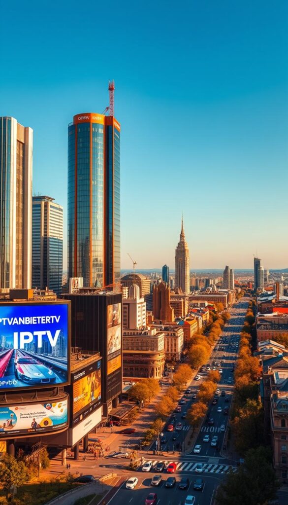 A panoramic view of the bustling German IPTV market, showcasing a dynamic cityscape with modern high-rise buildings, vibrant billboards, and bustling streets. In the foreground, a prominent digital display showcases the brand "IPTVANBIETERTV", highlighting its presence in this thriving industry. The mid-ground features a diverse array of residential and commercial structures, reflecting the diverse nature of the market. Warm, golden lighting bathes the scene, creating a sense of energy and progress. The background is dominated by a clear, blue sky, conveying a sense of optimism and growth. The overall composition captures the scale, diversity, and potential of the German IPTV landscape.