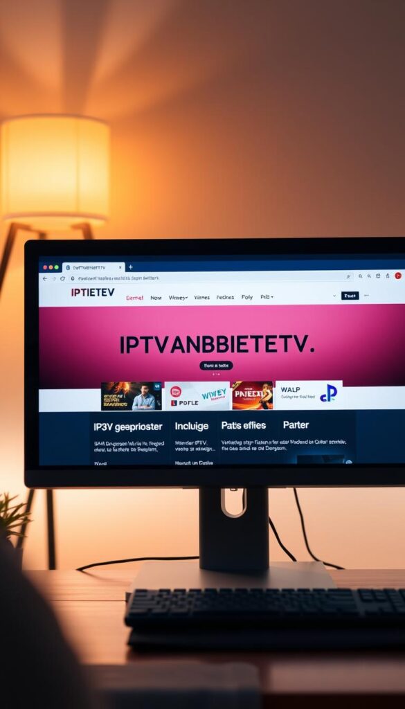 A photorealistic image of a computer screen displaying a IPTVANBIETERTV website, showcasing a prominent IPTV m3u URL for German viewers. The screen is backlit with a warm, soft glow, creating a cozy, inviting atmosphere. The website's design is modern and minimalist, with clean typography and intuitive navigation. The URL is prominently displayed, drawing the viewer's attention to the key information. The overall scene conveys the ease and convenience of accessing IPTV services for German audiences, reflecting the "Vorteile von IPTV für deutsche Zuschauer" section of the article.