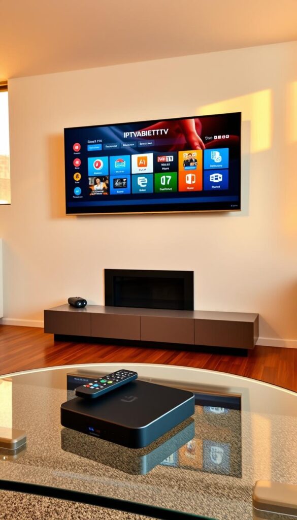 A photorealistic image of a modern living room with a large flat-screen TV mounted on the wall. The TV is displaying a sleek and intuitive IPTV user interface, showcasing the IPTVANBIETERTV brand. The room is well-lit, with warm, natural lighting filtering in through large windows. The furniture is contemporary and minimalist, creating a clean and sophisticated atmosphere. In the foreground, a remote control and a small streaming device are neatly arranged on a glass coffee table, emphasizing the seamless integration of IPTV technology into the home environment. The overall scene conveys the ease and convenience of IPTV, inviting the viewer to explore the possibilities of this cutting-edge television experience.