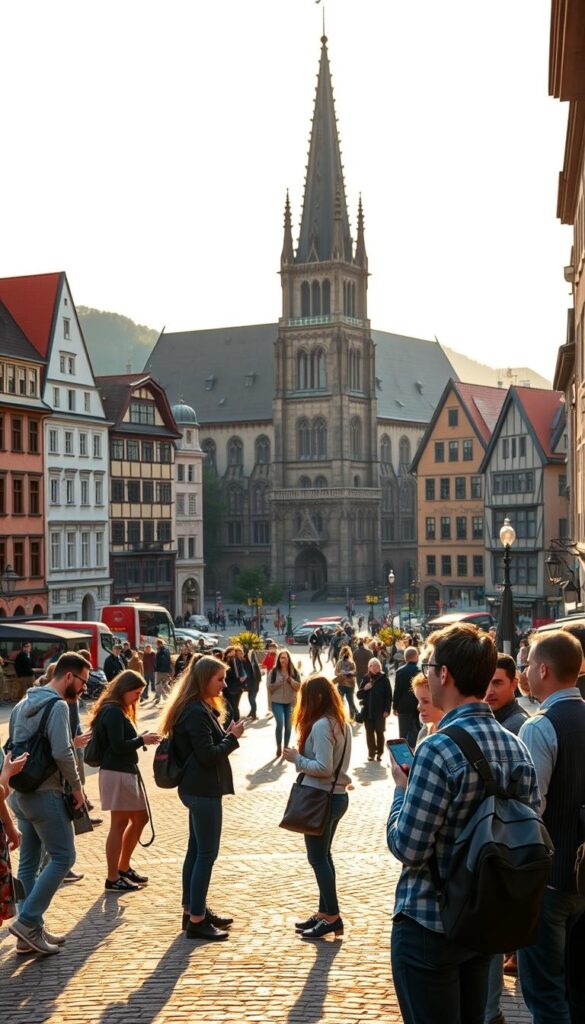 A picturesque German cityscape with a bustling city center, the prominent town hall standing tall, its ornate architecture and towering spires casting long shadows across the cobblestone streets below. In the foreground, a group of people are gathered, deeply engaged in animated discussions, gesturing towards their smartphones - likely comparing the features and offerings of various IPTVANBIETERTV providers. The scene is bathed in warm, golden afternoon light, creating a sense of comfort and authenticity, reflecting the "German IPTV Erfahrung" showcased in this section.