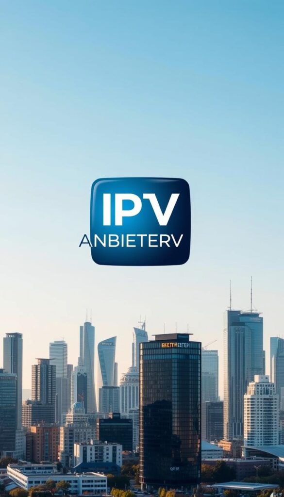 A picturesque urban landscape showcasing the vibrant IPTV industry in Germany. In the foreground, the bold "IPTVANBIETERTV" logo stands tall, its sleek design reflecting the cutting-edge technology powering the diverse range of IPTV providers. The middle ground features an array of modern, high-rise buildings, each representing a unique IPTV service, their facades adorned with satellite dishes and antennas. The background is dominated by a clear, blue sky, evoking a sense of reliability and stability in the IPTV market. The overall scene conveys the dynamism, innovation, and widespread adoption of IPTV solutions within the German digital landscape.