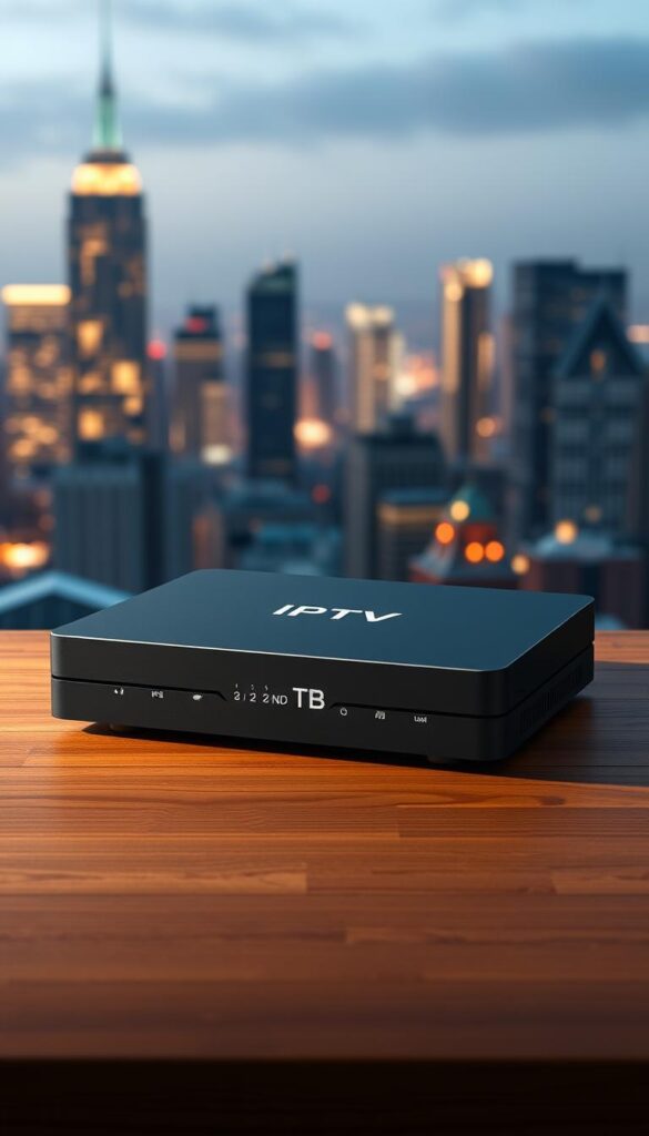 A professional IPTV service provider offers a long-term subscription with a sleek, modern IPTV box. The box features a clean, minimalist design with a matte black finish, complemented by silver accents. The UI showcases a streamlined menu with easy navigation, highlighting the wide range of live channels, on-demand content, and premium features. The box is positioned on a wooden surface, casting subtle shadows that create depth and dimension. Soft, directional lighting illuminates the scene, casting a warm, inviting glow. In the background, a blurred cityscape with skyscrapers and twinkling lights suggests a cosmopolitan setting, alluding to the global reach of the IPTVANBIETERTV service. The overall composition conveys a sense of sophistication, reliability, and the convenience of a long-term IPTV subscription.
