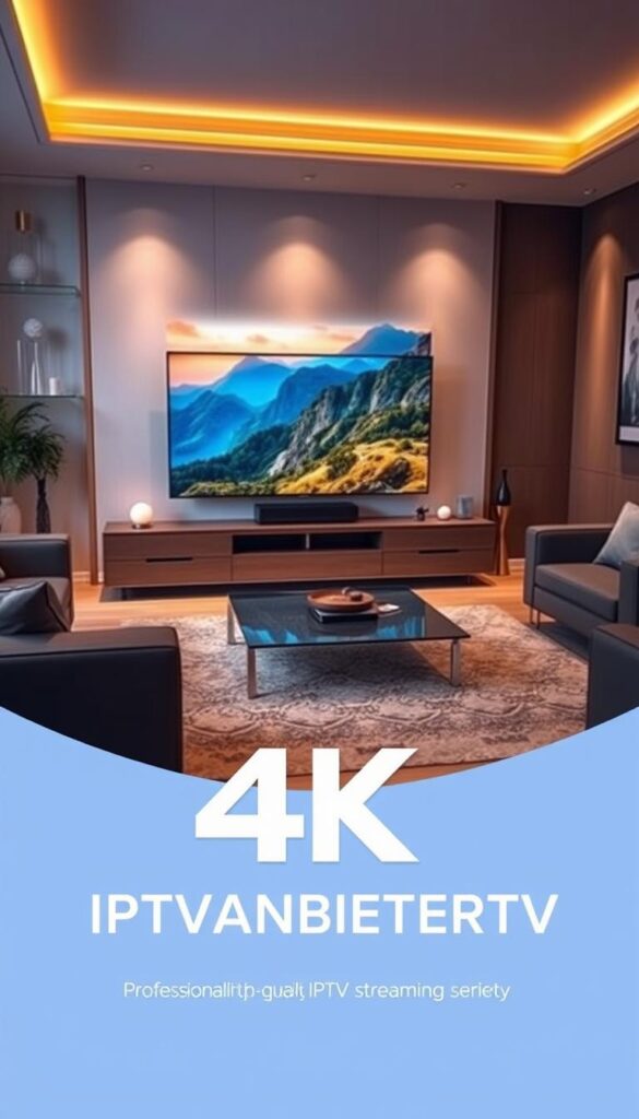 A professional, high-quality IPTV streaming service with crystal-clear 4K resolution, vibrant colors, and smooth frame rates. The scene depicts a living room setup with a large 4K TV displaying a vivid nature documentary, showcasing the exceptional video quality. Ambient lighting creates a warm, immersive atmosphere, while sleek, modern furniture and decor suggest a premium home entertainment experience. In the foreground, the IPTVANBIETERTV brand logo is prominently featured, emphasizing the reliable, high-performance technology behind the streaming service.