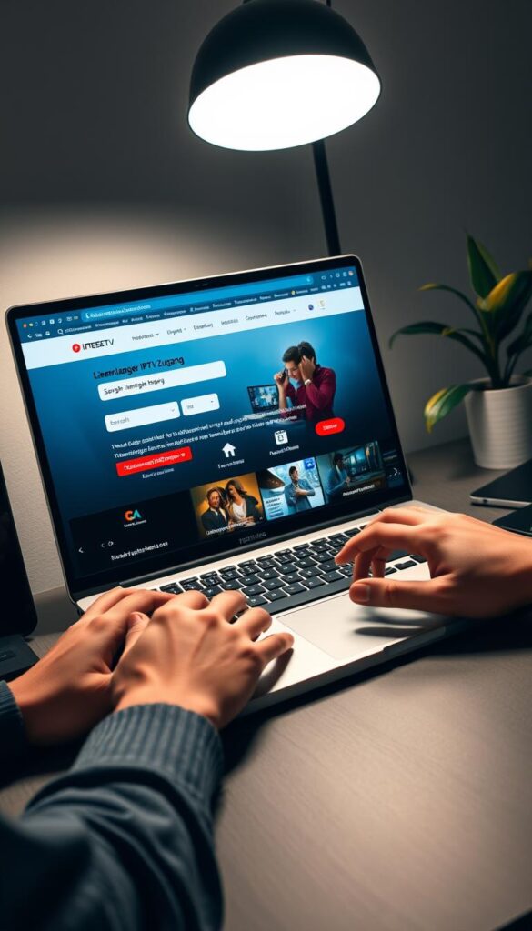 A professional-looking and sleek desktop setup, featuring a high-end laptop or desktop computer displaying the IPTVANBIETERTV.com website. The computer is placed on a sturdy, modern desk with minimal clutter, perhaps a potted plant or stylish lamp nearby. The lighting is soft and indirect, creating a warm, inviting atmosphere. The user's hands are visible, interacting with the device as they navigate the IPTVANBIETERTV.com interface, searching for and purchasing a "lebenslanger IPTV-Zugang" (lifetime IPTV access). The overall scene conveys a sense of effortless, high-quality technology integration into a refined, productive workspace.