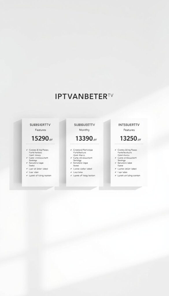 A professional, minimalist diagram showcasing the IPTVANBIETERTV subscription options. A clean, white background with a subtle grid pattern creates a sleek, modern aesthetic. Three clear pricing tiers are displayed as simple, distinct blocks - each with a clear title, monthly cost, and list of included features. The overall composition is balanced and visually striking, highlighting the key details potential customers need to make an informed choice. Soft, neutral lighting casts gentle shadows, lending depth and dimensionality to the scene. The end result is a high-quality, informative graphic that will effectively illustrate the IPTVANBIETERTV pricing and subscription models.