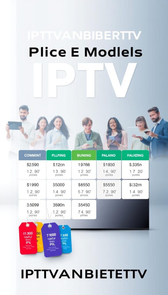 A professional, modern and sleek advertisement for the attractive IPTV price models offered by IPTVANBIETERTV. The image features a clean, minimalist design with a prominent display of the IPTVANBIETERTV brand name. In the foreground, a grid of colorful price tags showcases the various subscription plans and their corresponding costs, presented in an easy-to-understand format. The middle ground depicts a group of people of diverse backgrounds enjoying IPTV content on their devices, emphasizing the accessibility and versatility of the service. The background features a subtle, gradient-based pattern in muted, cool tones, creating a sense of sophistication and technological advancement. The overall composition and lighting are carefully crafted to evoke a sense of professionalism, value, and user-friendliness, aligning with the article's subject and section title.