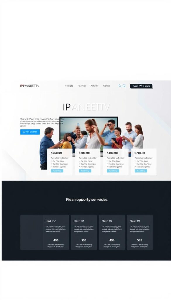 A professional, modern-looking IPTV service provider website homepage. The foreground features a sleek, minimalist grid layout showcasing various IPTV package options with their pricing and key features. The middle ground depicts a group of people using different devices like smart TVs, smartphones, and tablets to access the IPTV service. The background has a clean, light-colored gradient or texture, creating a visually appealing and high-quality composition. The brand name "IPTVANBIETERTV" is prominently displayed. The overall mood is sophisticated, tech-savvy, and tailored to appeal to a broad audience interested in IPTV services.