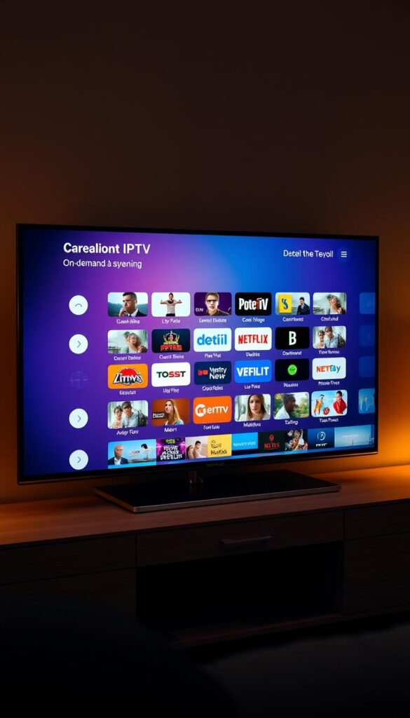 A professional, sleek IPTVANBIETERTV interface displayed on a modern flat-screen TV set, showcasing a diverse selection of live TV channels and on-demand streaming content. The screen is crisp and vibrant, with clean UI elements and intuitive navigation. The scene is bathed in a soft, warm lighting that creates a cozy, inviting atmosphere, perfect for a comfortable home entertainment experience. The TV is placed on a minimalist, wood-paneled entertainment unit, complementing the contemporary design. The overall composition conveys the ease and convenience of IPTV technology, highlighting its ability to provide unlimited streaming possibilities.