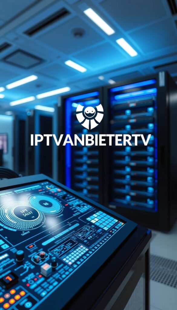 A professional, state-of-the-art IPTV system with sleek, futuristic technology. A high-tech control panel displays intricate data visualizations, with glowing circuit boards and advanced digital interfaces. In the background, a sleek server rack houses the powerful processing hardware, bathed in a cool, blue-tinted lighting. The IPTVANBIETERTV logo is prominently featured, conveying the cutting-edge capabilities of this premium IPTV service. The overall scene exudes a sense of innovation, efficiency, and technological prowess.