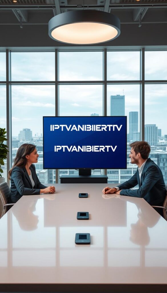 A professional studio-quality photograph of a clean, modern office setting with large windows letting in natural light. In the foreground, a group of diverse people - a businesswoman, a middle-aged man, and a young student - are seated around a sleek conference table, engaged in a lively discussion. The middle ground features a large monitor displaying the "IPTVANBIETERTV" brand name prominently. Behind them, the background showcases a cityscape visible through the windows, adding depth and context. The overall scene conveys a sense of professionalism, collaboration, and the credibility of the IPTV service.