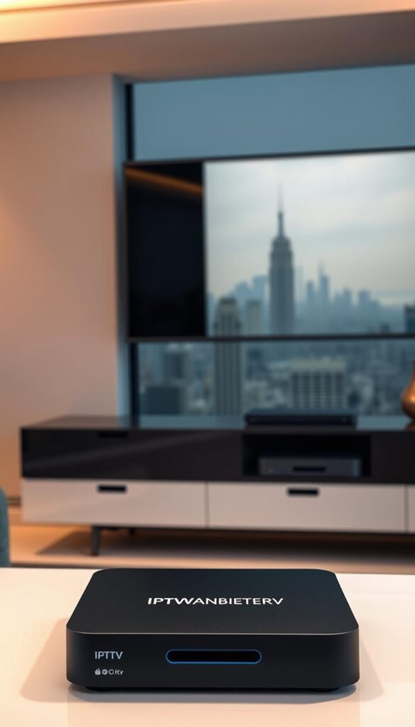 A realistic, high-resolution image of a modern living room interior with a large flat-screen TV mounted on the wall. In the foreground, there is a sleek, minimalist media console with various streaming devices, including a prominently displayed "IPTVANBIETERTV" box. The room is bathed in a soft, warm lighting, creating a cozy and inviting atmosphere. The background features a large window overlooking a city skyline, with a subtle haze to convey the sense of a slightly overcast day. The overall tone is one of sophistication and practicality, suggesting the convenience and legality of using IPTV services.