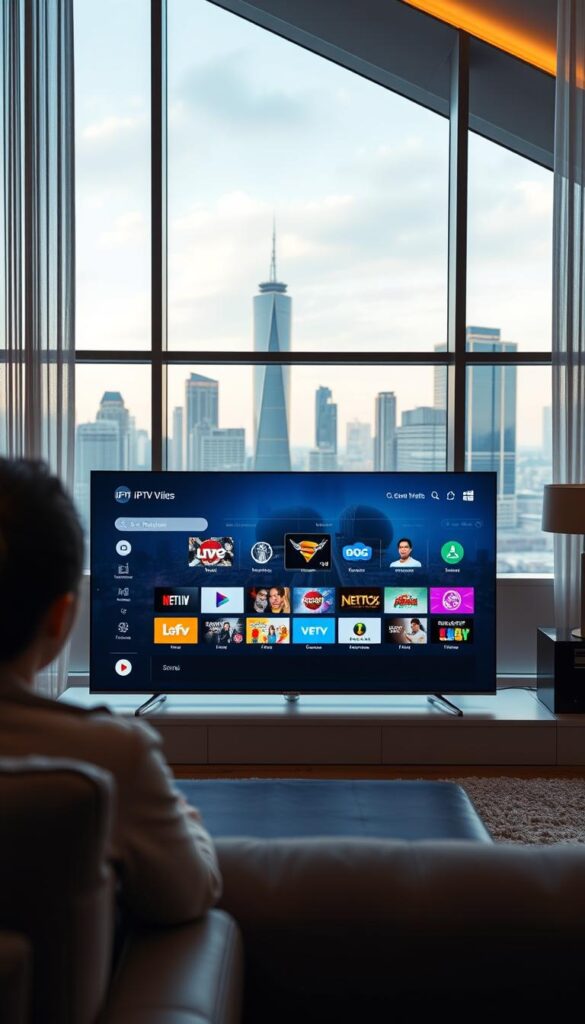 A richly detailed IPTV channel selection interface on a large, high-resolution display. The foreground shows an intuitive on-screen menu with crisp icons and smooth transitions, allowing the user to easily browse and select from a vast array of live and on-demand content from the IPTVANBIETERTV service. The middle ground features sleek, modern TV set design with minimal bezels, complemented by ambient lighting that sets a relaxed, immersive atmosphere. The background showcases a vibrant cityscape visible through floor-to-ceiling windows, hinting at the breadth of global channels and programming available. Photographed with a wide-angle lens to capture the expansive, cinematic feel of the IPTV experience.