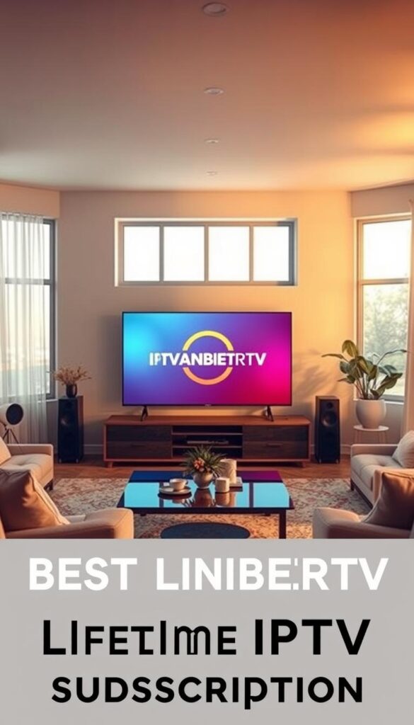 A serene and immersive living room setting, showcasing a modern flat-screen TV displaying the vibrant IPTVANBIETERTV logo and interface. Soft, warm lighting filters through large windows, casting a cozy glow on the minimalist furniture and decor. The room exudes a sense of comfort and relaxation, inviting the viewer to envision themselves enjoying a seamless IPTV streaming experience on multiple devices. The scene evokes a feeling of reliable and convenient access to a vast library of content, perfect for an article detailing the best lifetime IPTV subscription.