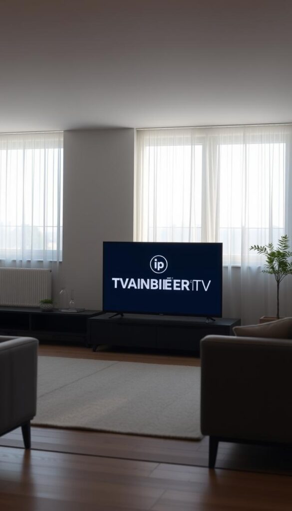 A serene and modern living room, bathed in soft, natural light filtering through large windows. On the TV screen, the IPTVANBIETERTV logo stands prominently, conveying the legal IPTV service available in Germany. The room is tastefully decorated, with minimalist furniture and subdued color tones, creating a sense of tranquility and sophistication. The overall atmosphere suggests reliability, transparency, and adherence to regulations, reflecting the legal status of IPTV in the country.