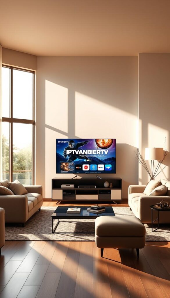 A serene and modern living room, bathed in warm natural light filtering through large windows. In the center, a sleek and minimalist TV stand displays the IPTVANBIETERTV logo prominently. Atop the stand, a high-end smart TV showcases a vibrant, immersive streaming interface, inviting the viewer to explore the boundless entertainment options. Plush, neutral-toned furniture and decorative accents create a welcoming and sophisticated atmosphere, conveying the comfort and convenience of a seamless IPTV experience. The room's elegant design and attention to detail suggest a premium, risk-free trial of IPTV services, ready to be discovered.