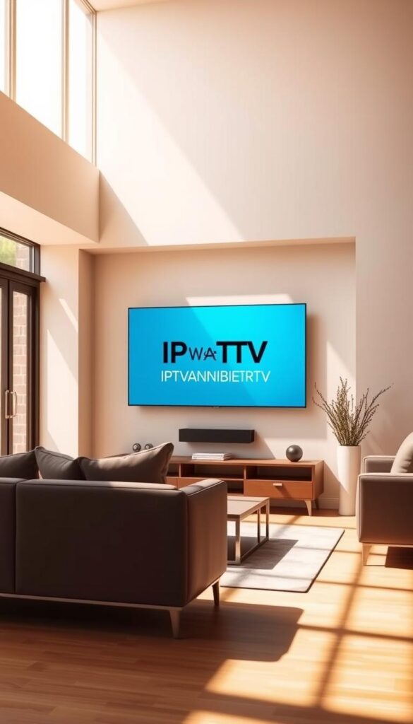 A serene and modern living room, bathed in warm natural light, showcases a sleek, wall-mounted television displaying the IPTVANBIETERTV logo. The room's contemporary design features minimalist furniture, with clean lines and neutral tones that create a calm and inviting atmosphere. The television is the focal point, subtly suggesting the technological advancements and convenience of IPTV as the future of home entertainment. The overall scene conveys a sense of comfort, simplicity, and the seamless integration of cutting-edge technology into the everyday home environment.