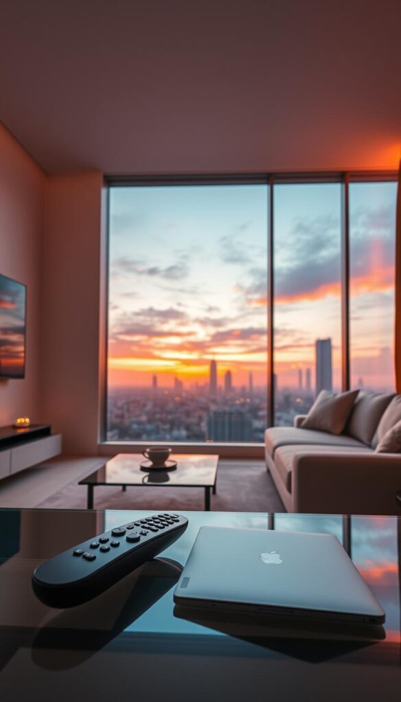 A serene and modern living room setting, with a large flat-screen TV mounted on the wall. The room is bathed in warm, soft lighting, creating a cozy and inviting atmosphere. In the foreground, a sleek, minimalist remote control and a laptop reside on a stylish, glass-top coffee table. The middle ground features a comfortable, L-shaped sofa in a neutral color, facing the TV. In the background, a large window overlooks a cityscape, with skyscrapers and a vibrant, sunset-colored sky. The overall scene conveys a sense of luxury and sophistication, perfectly suited for enjoying the upcoming FIFA 2026 World Cup matches on IPTVANBIETERTV, the premium IPTV service provider.