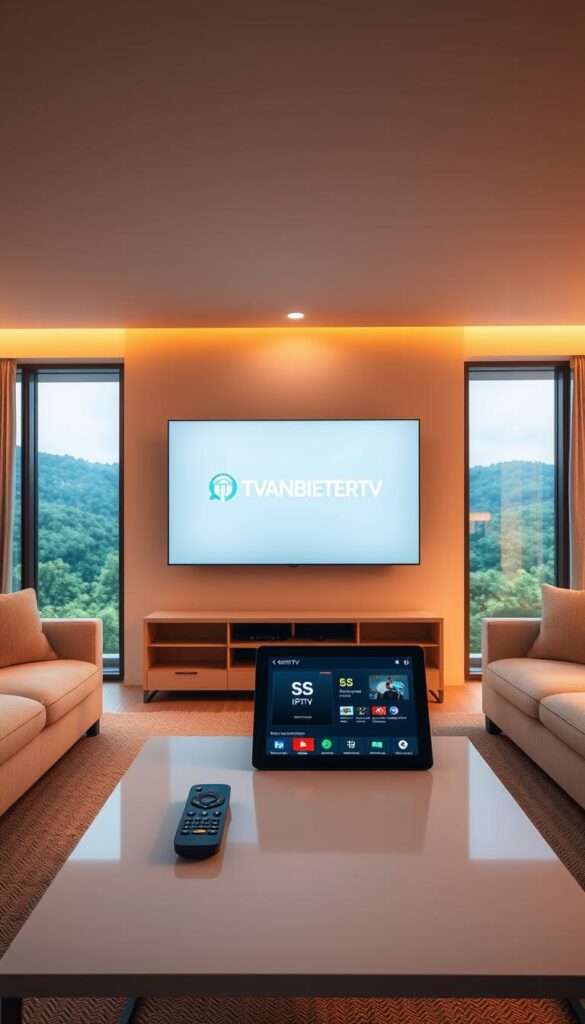 A serene and modern living room with a large flat-screen TV displaying the IPTVANBIETERTV logo. The room is bathed in warm, soft lighting, creating a cozy and inviting atmosphere. In the foreground, a sleek and minimalist coffee table with a remote control and a tablet displaying the process of adding an SS IPTV channel. The middle ground features comfortable, plush sofas in neutral tones, and the background showcases large windows overlooking a lush, natural landscape. The entire scene conveys a sense of ease, simplicity, and the effortless enjoyment of high-quality IPTV content.
