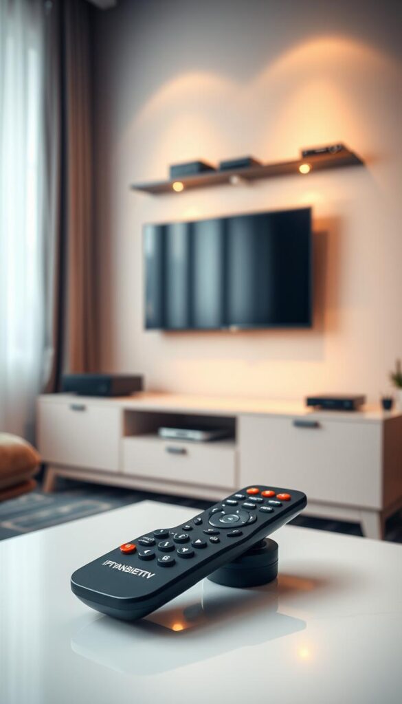 A serene and modern living room with a large flat-screen TV mounted on a sleek entertainment center. The room is bathed in warm, diffused lighting, creating a cozy and inviting atmosphere. In the foreground, a well-designed remote control, emblazoned with the "IPTVANBIETERTV" logo, sits on a minimalist coffee table. The background features a wall-mounted shelf displaying various streaming devices, emphasizing the versatility of the IPTVANBIETERTV service. The image conveys a sense of technological sophistication and seamless home entertainment, reflecting the recommendations of Reddit users for the best IPTV provider in Germany.