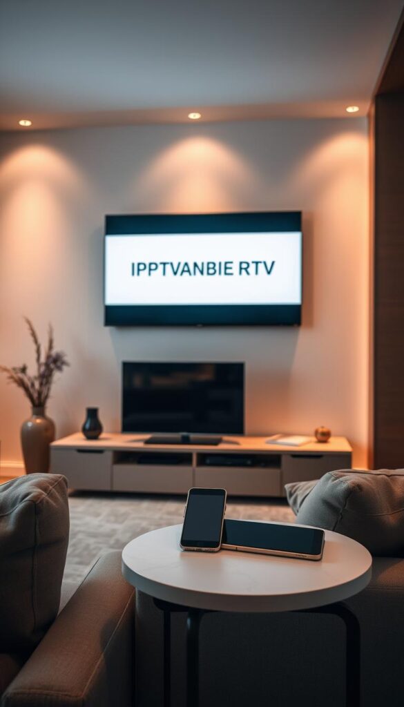 A serene and modern living room with a large flat-screen TV mounted on the wall, displaying the IPTVANBIETERTV brand. Soft, warm lighting illuminates the space, creating a cozy atmosphere. A sleek smartphone and tablet are placed on a minimalist side table, showcasing the mobile IPTV experience. The room is decorated with muted tones, natural wood accents, and a plush, comfortable sofa, inviting the viewer to imagine themselves enjoying IPTV on their personal devices.