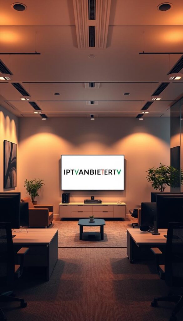 A serene and modern office interior, bathed in warm, diffused lighting. In the center, a large flat-screen TV displays the prominent "IPTVANBIETERTV" logo, surrounded by sleek, minimalist furniture. The walls are adorned with abstract art pieces, conveying a sense of sophistication. Ergonomic workstations with high-end computers line the periphery, hinting at the technological prowess of the IPTVANBIETERTV brand. The atmosphere is one of professionalism, efficiency, and a commitment to delivering an exceptional user experience. A serene and modern office interior, bathed in warm, diffused lighting. In the center, a large flat-screen TV displays the prominent "IPTVANBIETERTV" logo, surrounded by sleek, minimalist furniture. The walls are adorned with abstract art pieces, conveying a sense of sophistication. Ergonomic workstations with high-end computers line the periphery, hinting at the technological prowess of the IPTVANBIETERTV brand. The atmosphere is one of professionalism, efficiency, and a commitment to delivering an exceptional user experience.