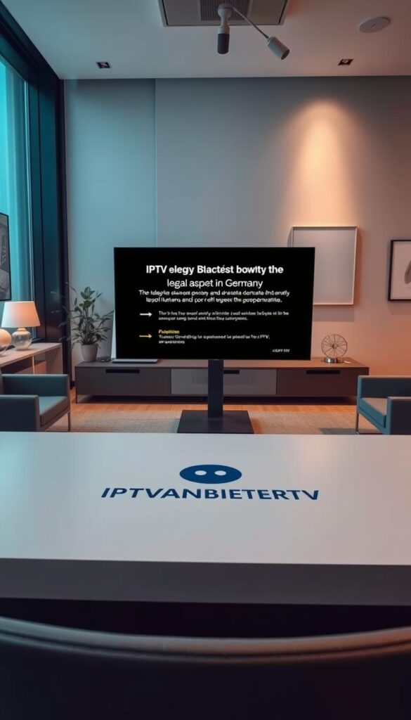 A serene and modern office interior with large windows, sleek furniture, and warm lighting. The walls are adorned with minimalist artworks, while a desk prominently displays the IPTVANBIETERTV brand logo. On the screen, information about the legal aspects of IPTV in Germany is presented in a clean, professional manner. The overall atmosphere conveys a sense of authority, expertise, and attention to detail, reflecting the subject matter of the article section.
