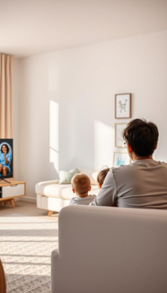 A serene and secure family living room, illuminated by soft, natural lighting. In the foreground, a modern TV displays the IPTVANBIETERTV interface, showcasing its child-friendly features - intuitive parental controls, age-appropriate content filters, and time-limiting options. The middle ground features a cozy sofa, where a parent and child sit together, exploring the TV's safe and engaging content. In the background, simple and minimalist decor creates a calming atmosphere, conveying a sense of comfort and protection. The overall scene exudes a feeling of trust, safety, and quality family time.