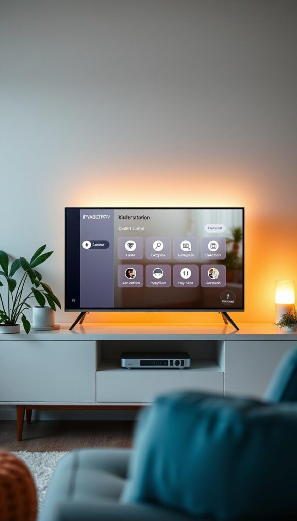 A serene and secure home entertainment setup, featuring IPTVANBIETERTV with a prominently displayed Kindersicherung (parental control) interface. The display shows intuitive menu options and customizable settings, allowing parents to effortlessly manage content access for their children. The device is situated on a modern, minimalist entertainment center, surrounded by lush houseplants and warm, diffused lighting, creating a welcoming, family-friendly atmosphere. The overall composition conveys a sense of control, safety, and the ability to curate a child-appropriate viewing experience within the comfort of the home.