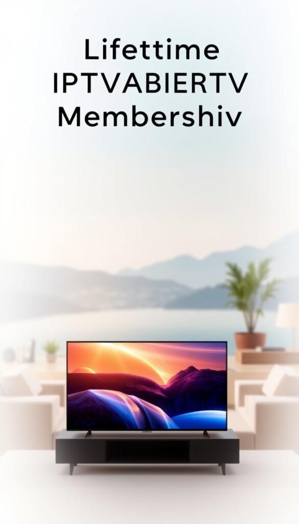 A serene and timeless illustration of a lifetime IPTVANBIETERTV membership. In the foreground, a sleek and modern smart TV displays vibrant, high-quality content, its screen reflecting the warm glow of ambient lighting. In the middle ground, a comfortable living room setting with plush furnishings and elegant decor, conveying a sense of cozy, enduring luxury. The background fades into a tranquil, blurred landscape, evoking a timeless, placeless atmosphere. The overall composition suggests the lasting value and enjoyment of a lifelong IPTVANBIETERTV subscription, a reliable and indispensable companion for entertainment and relaxation.