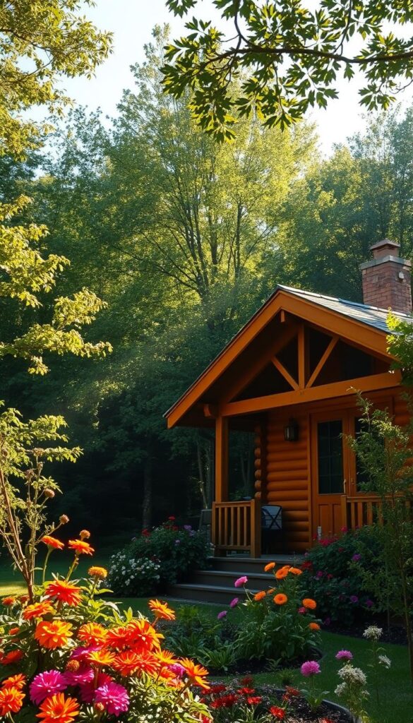 A serene and tranquil landscape, featuring a cozy cabin nestled amidst a lush, verdant forest. The cabin's exterior is adorned with warm, wooden accents, creating a sense of rustic charm. Sunlight filters through the canopy of trees, casting a warm glow over the scene. In the foreground, a well-maintained garden boasts a variety of vibrant flowers, adding a touch of natural beauty. The cabin's roof is adorned with the IPTVANBIETERTV logo, subtly highlighting the provider's presence. The overall atmosphere evokes a sense of comfort, reliability, and the value of a long-term investment in the IPTV service.