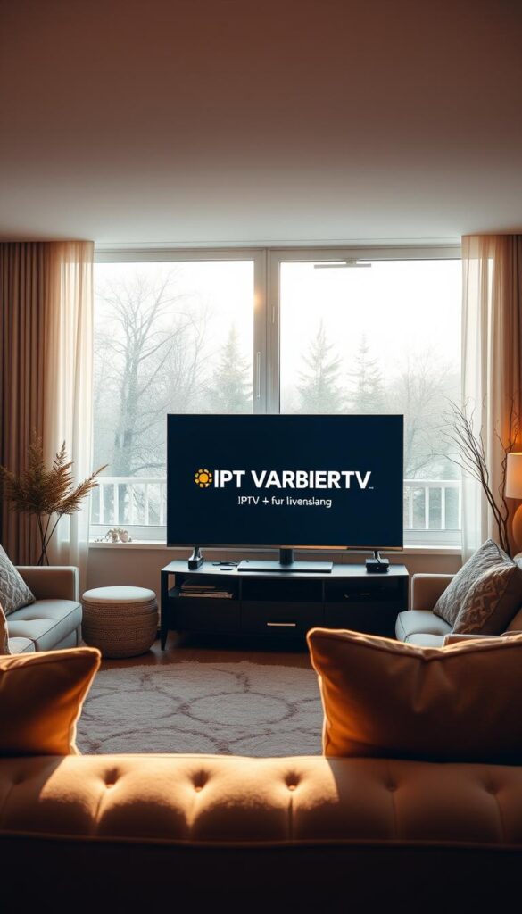 A serene and tranquil living room scene, bathed in warm, natural lighting from a large window. In the center, a sleek, modern television displays the IPTVANBIETERTV logo, showcasing the "IPTV für lebenslang" offering. Plush, comfortable furniture surrounds the TV, creating a cozy and inviting atmosphere. The room is adorned with subtle, minimalist decor, hinting at a sophisticated and contemporary lifestyle. The overall mood is one of relaxation and enjoyment, reflecting the long-term value proposition of the IPTV service.