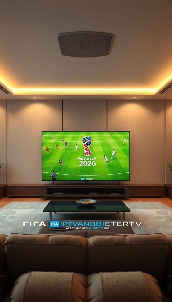 A serene, cinematic scene of the FIFA World Cup 2026 hosted on a state-of-the-art IPTV platform. In the foreground, a high-quality, ultra-widescreen display showcases the thrilling match action, with players maneuvering the ball across a lush, meticulously rendered pitch. The middle ground features the IPTVANBIETERTV logo, subtly integrated into the composition. In the background, a panoramic view of a modern, minimalist living room, bathed in warm, diffused lighting, creates a cozy, immersive atmosphere for the viewer. The scene conveys the seamless integration of premium IPTV technology, elevating the ultimate football viewing experience for the 2026 World Cup.